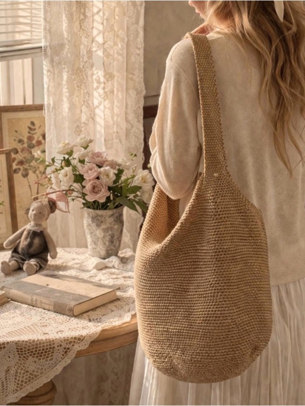 Natural Straw Knit Tote Bag - Neutral Beige - Picture 3 of 5